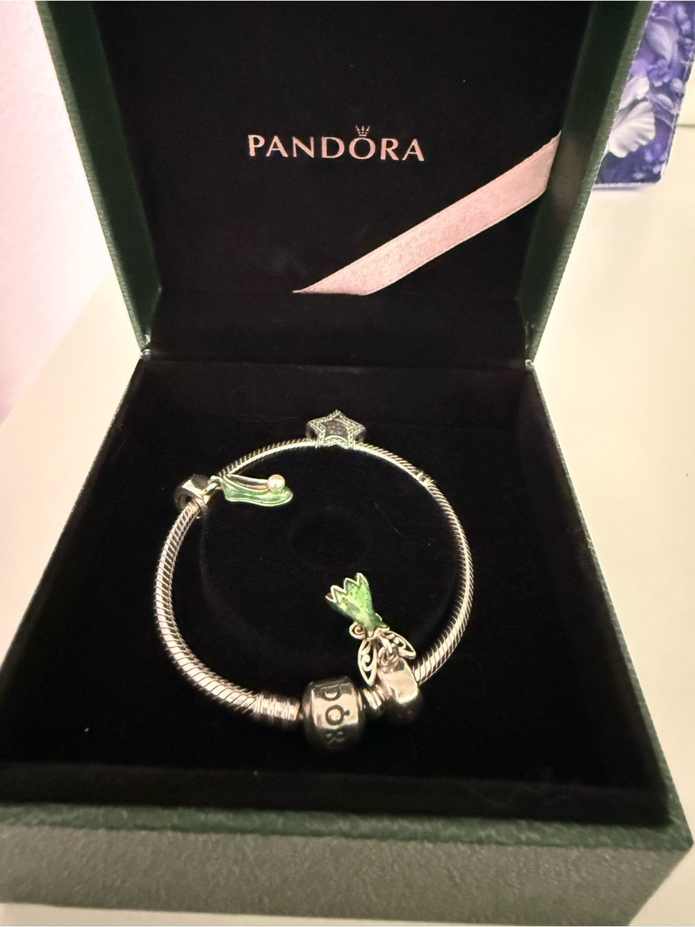 Pandora Silver Bracelet with Green Enamel Charms and Star Clasp